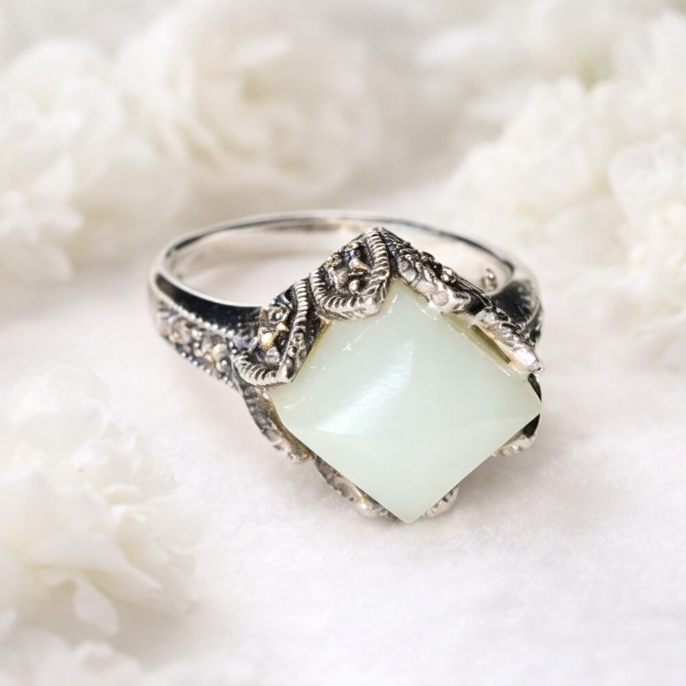 Sterling Silver Marcasite Blue Stone Ring Size 5.75 Vintage Ornate Design